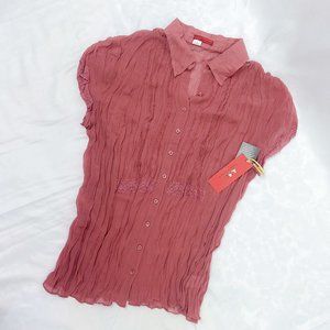 Mauve Ruched Short Sleeve Lace Detail Button Down Collar Shirt TapeMeasure